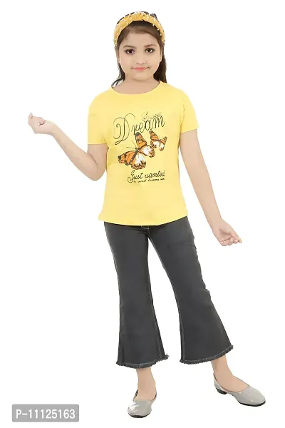 Stylish Demin Jeans With Hosiery Printed Yellow T-Shirt For Girls-thumb0