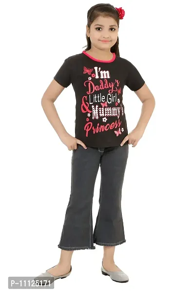 Stylish Demin Jeans With Hosiery Printed Black T-Shirt For Girls