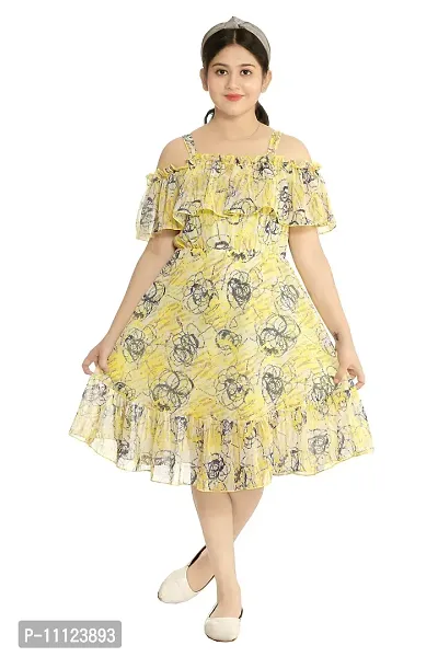 Elegant Georgette Yellow Printed Dress For Girls-thumb0