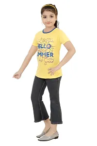 Stylish Demin Jeans With Hosiery Printed Yellow T-Shirt For Girls-thumb1