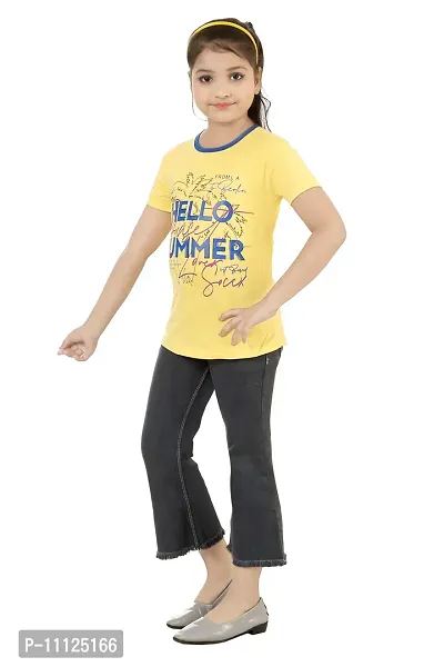 Stylish Demin Jeans With Hosiery Printed Yellow T-Shirt For Girls-thumb2