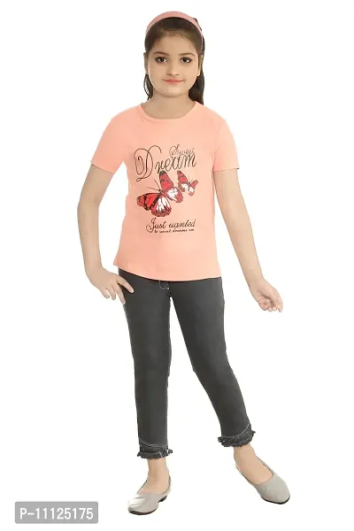 Stylish Demin Jeans With Hosiery Printed Peach T-Shirt For Girls