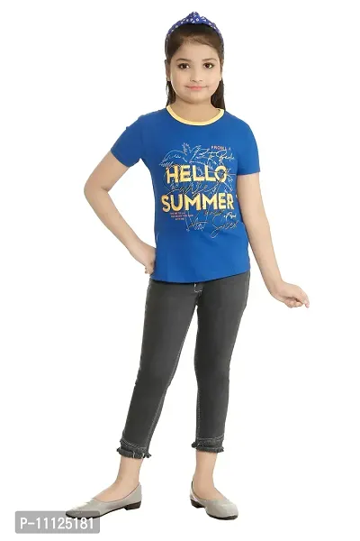Stylish Demin Jeans With Hosiery Printed Royal Blue T-Shirt For Girls