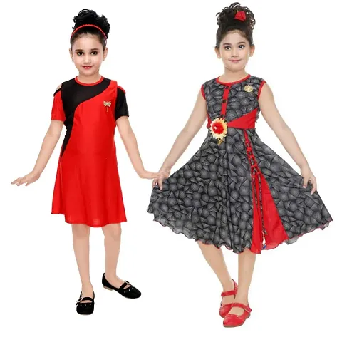 Girls Midi/Knee Length Festive/Wedding Dress (combo pack of 2)