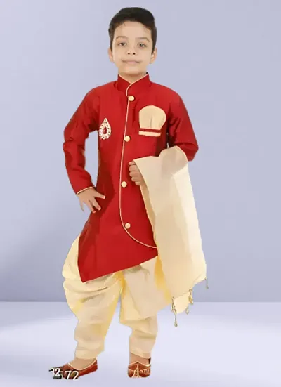 Boys Festive Party Kurta, Dhoti Pant Dupatta Set (Maroon Pack of 1)