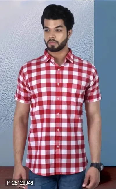 Reliable Red Poly Cotton Checked Short Sleeves Casual Shirts For Men-thumb0