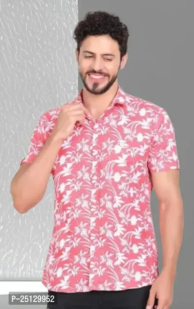 Reliable pink Cotton Floral Print Short Sleeves Casual Shirts For Men-thumb0