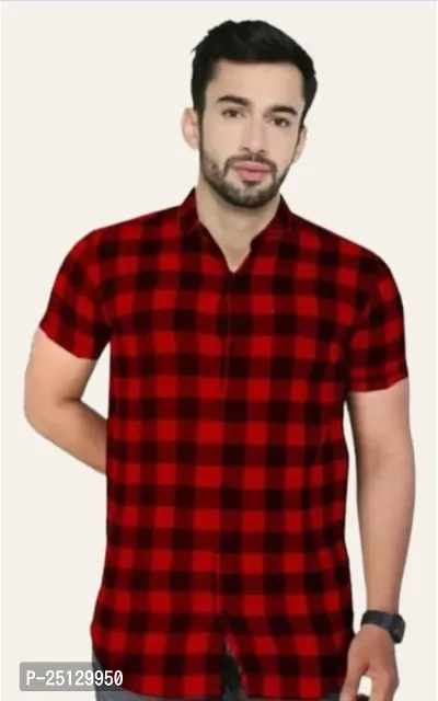 Reliable Red Poly Cotton Checked Short Sleeves Casual Shirts For Men-thumb0