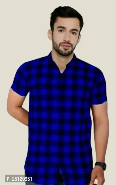 Reliable Navy Blue Poly Cotton Checked Short Sleeves Casual Shirts For Men-thumb0