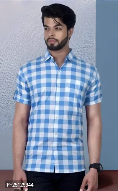 Reliable Blue Poly Cotton Checked Short Sleeves Casual Shirts For Men-thumb0