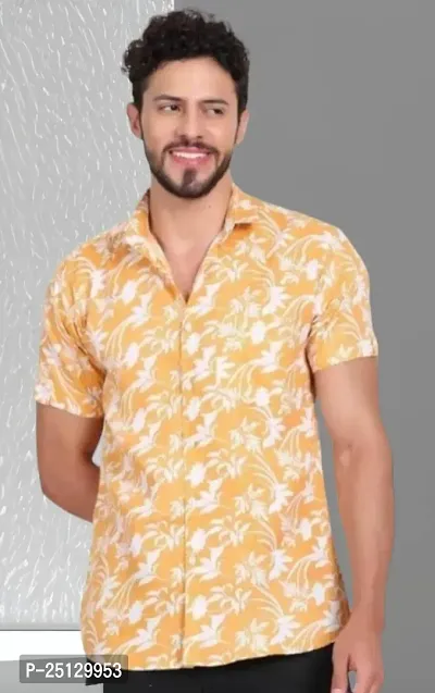 Reliable Yellow Cotton Floral Print Short Sleeves Casual Shirts For Men-thumb0