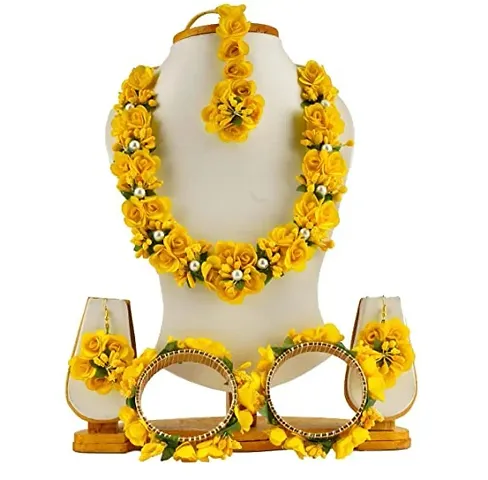 Haldi jewellery set for women bridal flower jewellery set for haldi bridal jewellery set for wedding Necklace, Earrings, Bracelet Maang Tika set for Women Girls (Mehandi/Haldi/Wedding/Bridal/Baby Shower)