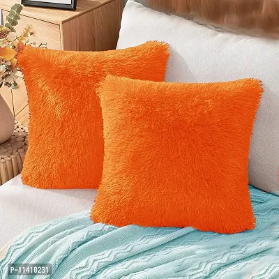PICKKART Fur Cushion Covers (14x14 Inches) (Orange)
