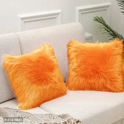 PICKKART Fur Cushion Pillow Cover for Set of 2 Pillow - 13x13 Inches (Orange)-thumb3