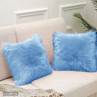 PICKKART Fur Cushion Pillow Cover for Set of 2 Pillow - 13x13 Inches (Blue)-thumb2