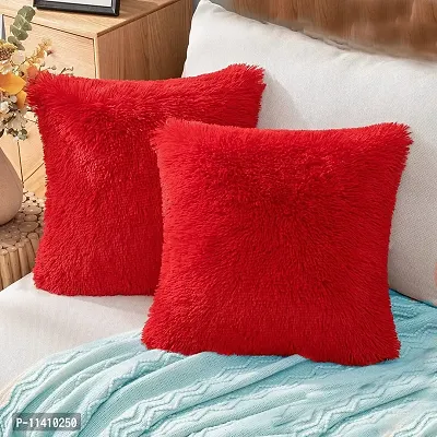 PICKKART Fur Cushion Covers (14x14 Inches) (Red)