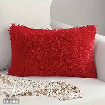 PriMaryHoMe Decorative Soft Rectangle Fur Pillow Cushion - Pillows for Sofa, Home Decor, Car, Living Area - Throw Pillow with Fiber Filler & Zipper Closure (18 X 12) Inches (Red)-thumb0