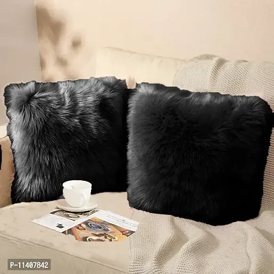 PICKKART Fur Cushion Pillow Cover for Set of 2 Pillow - 13x13 Inches (Black)-thumb0