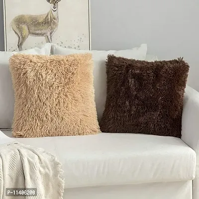 PICKKART Set of 2 Fur Cushion Pillow Cover- 16x16 Inches/ 40x40 CM (Beige & Coffee)-thumb0