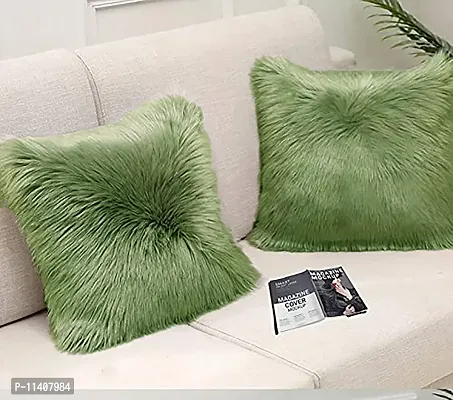 PICKKART Fur Cushion Pillow Cover for Set of 2 Pillow - 13x13 Inches (Olive Green)-thumb3