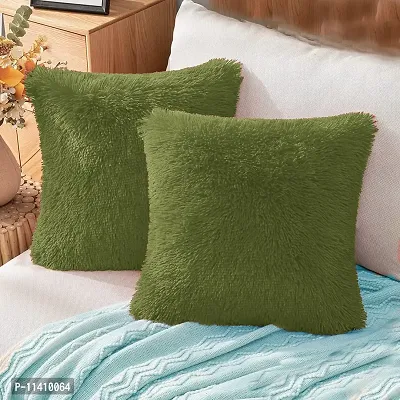 PICKKART Fur Cushion Covers (14x14 Inches) (Olive Green)-thumb0