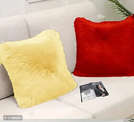 PICKKART Pack of 2 Square Shape Fur Throw Pillow Cushion - Home Sofa Decorative (Beige & Red, 12 X 12)-thumb0