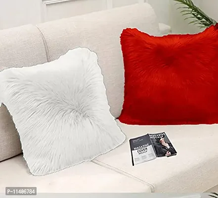 PICKKART Pack of 2 Square Shape Fur Throw Pillow Cushion - Home Sofa Decorative (White & Red, 16 X 16)