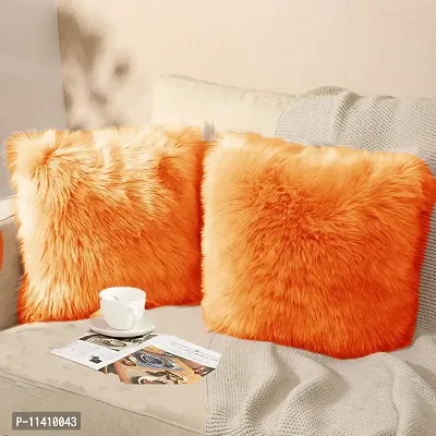 PICKKART Fur Cushion Pillow Cover for Set of 2 Pillow - 13x13 Inches (Orange)