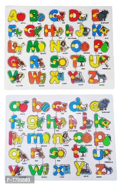 Voolex-Wooden Lowercase and Uppercase Alphabet with picture (Combo)  Multicolor -Pack of 2