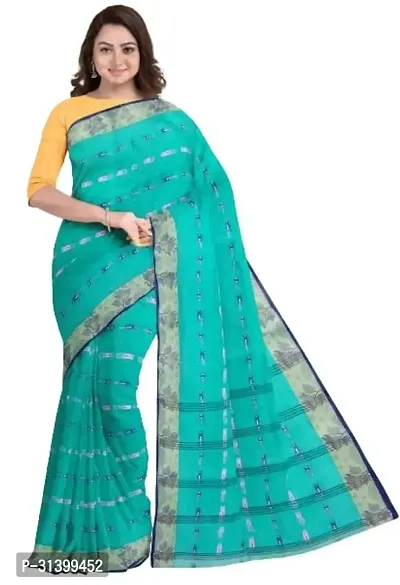 Stylish Green Cotton Saree With Blouse Piece For Women