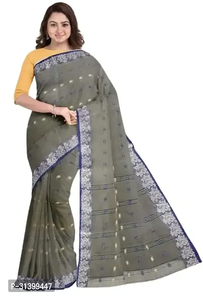 Stylish Grey Cotton Saree With Blouse Piece For Women-thumb0