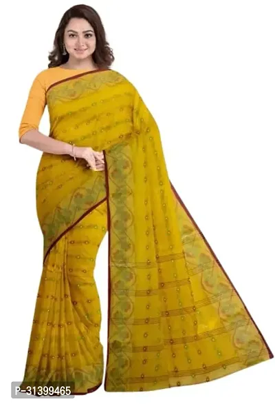 Stylish Yellow Cotton Saree With Blouse Piece For Women