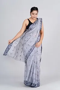 Stylish Grey Cotton Saree With Blouse Piece For Women-thumb3