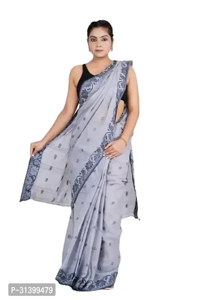 Stylish Grey Cotton Saree With Blouse Piece For Women-thumb0