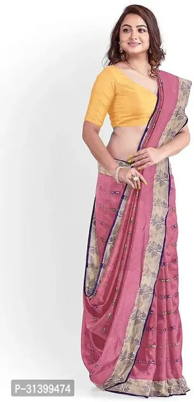 Stylish Pink Cotton Saree With Blouse Piece For Women-thumb3