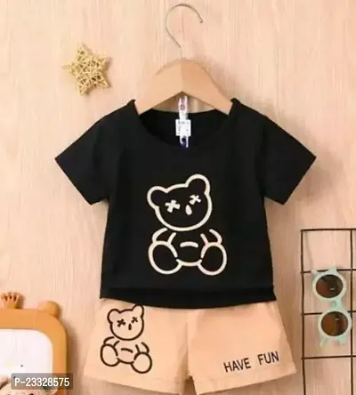 Elegant Black Hosiery Cotton Printed T-Shirts with Bottom Set For Kids
