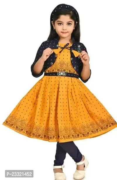 Pretty Mustard Printed Rayon Frock With Jacket For Girls