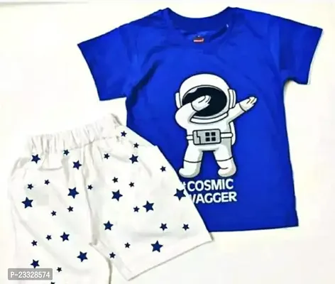 Elegant Blue Hosiery Cotton Printed T-Shirts with Bottom Set For Kids-thumb0