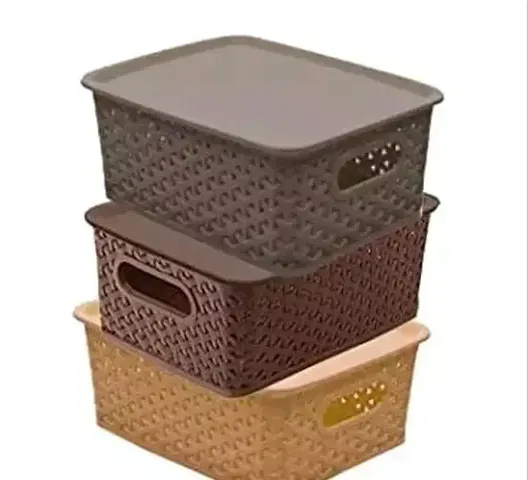 BHOLE Industries Plastic 3 Pieces Medium Size Multipurpose Solitaire Storage Basket with Lid (Plastic, Multicolor)