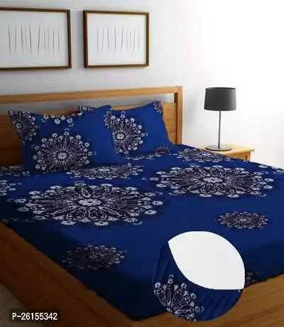 Comfortable Navy Blue Cotton Fitted  Flat Double Size Printed 1 Bedsheet + 2 Pillowcovers