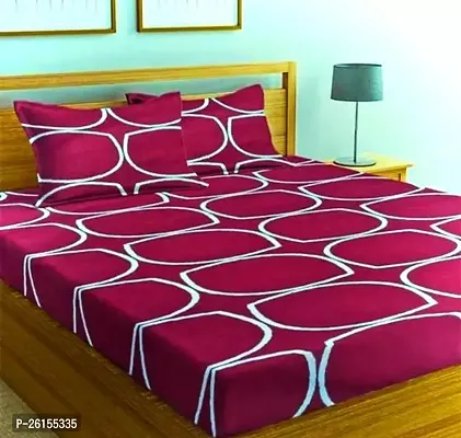 Comfortable Pink Cotton Fitted  Flat Double Size Printed 1 Bedsheet + 2 Pillowcovers