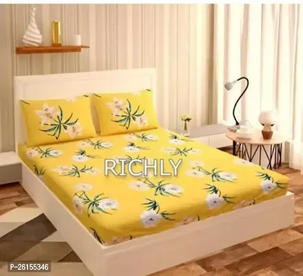 Comfortable Yellow Cotton Fitted  Flat Double Size Printed 1 Bedsheet + 2 Pillowcovers