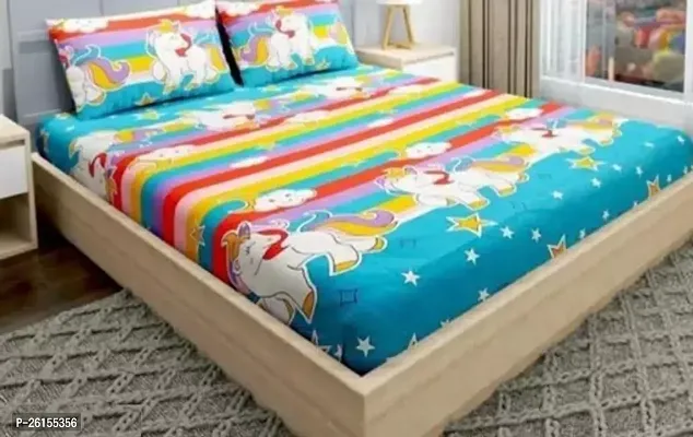 Comfortable Multicoloured Cotton Fitted  Flat Double Size Printed 1 Bedsheet + 2 Pillowcovers-thumb0