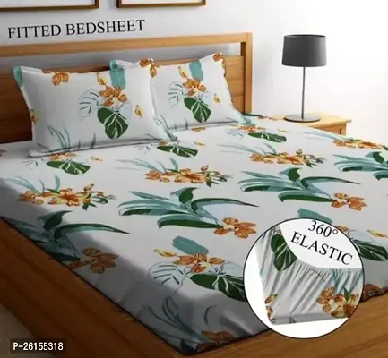 Comfortable White Cotton Fitted  Flat Double Size Printed 1 Bedsheet + 2 Pillowcovers