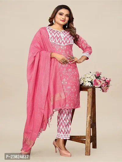 Straight Pink Printed Cotton Blend Kurta Bottom Dupatta Set For Women-thumb0