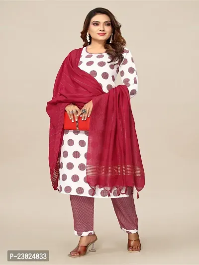 Straight White Printed Cotton Blend Kurta Bottom Dupatta Set For Women