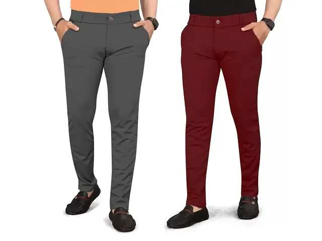 Stylish Multicoloured Polyester Blend Solid Formal Trousers For Men Pack Of 2