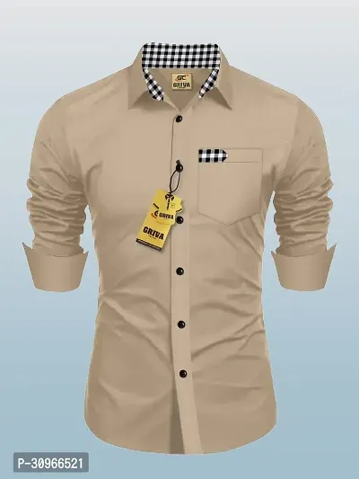 Stylish Beige Cotton Blend Self Design Long Sleeves Casual Shirt For Men