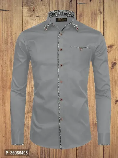 Stylish Grey Cotton Solid Long Sleeves Casual Shirt For Men