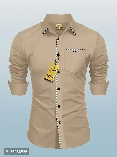 Stylish Beige Cotton Blend Solid Long Sleeves Casual Shirt For Men